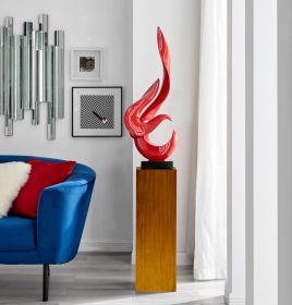 Red Flame Floor Sculpture With Wood Stand, 65" Tall