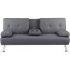 Modern Futon Sleep Sofa Bed Couch in Grey Faux Leather with Cup Holder